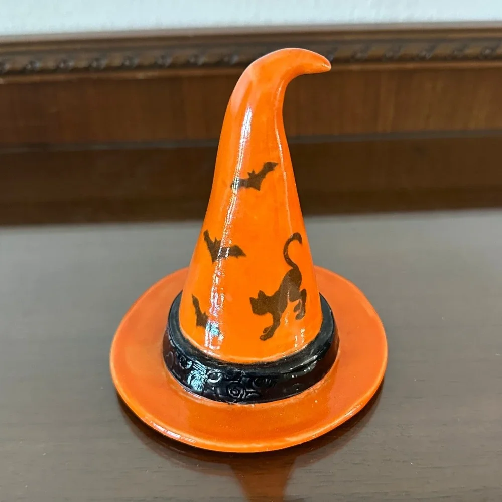 Handmade Ceramic Orange Witch Hat Figurine Halloween Decor Bats Cat 4''